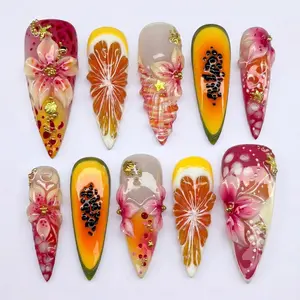 Tropical Papaya Bloom Press-On Nails, 3D Hibiscus Flower Art, Citrus Slice & Fruit Design, Sunset Pink Orange Gradient, Exotic Summer Vacation Nail Set