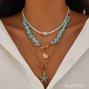 [Glamora] Affordable Women's Elegant Boho 3-piece Jewelry Set – Trendy All-Match Starfish & Pearl Pendant Necklace for Beach & Special Occasions