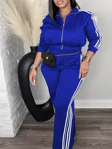 Eye-catching baby blue! Retro striped zip athletic set, slimming and height-enhancing, women’s two-piece outfit