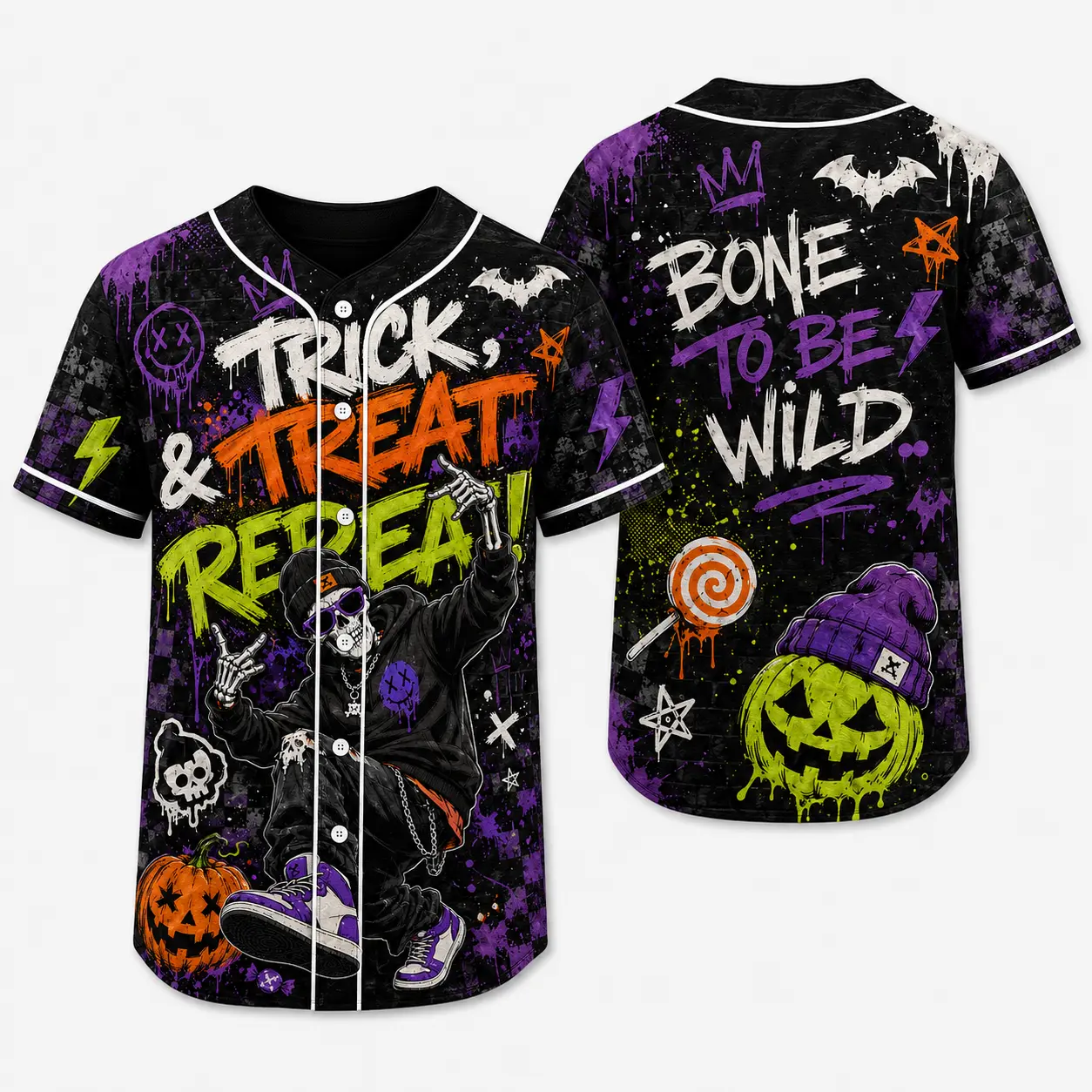 Unisex Halloween Graffiti Skeleton Baseball Jersey, All-Over Print Button Front Streetwear Shirt for Adults