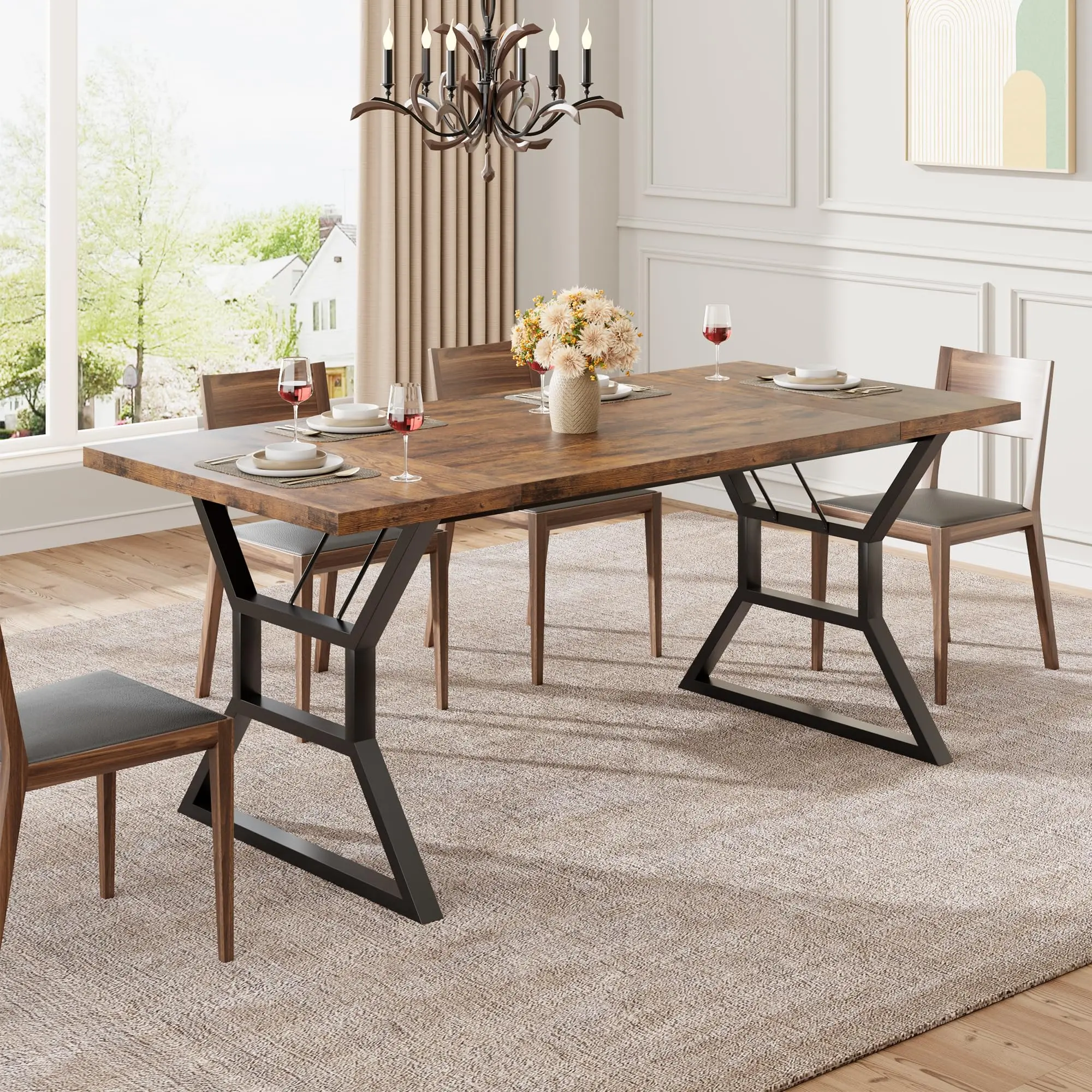 Garvee Rectangular Dining Table for 6 People, Kitchen Tables with Extra Heavy Duty Metal Legs,  Farmhouse Wood Dining Table for Restaurant, Outdoor Table for Party, Retro Brown