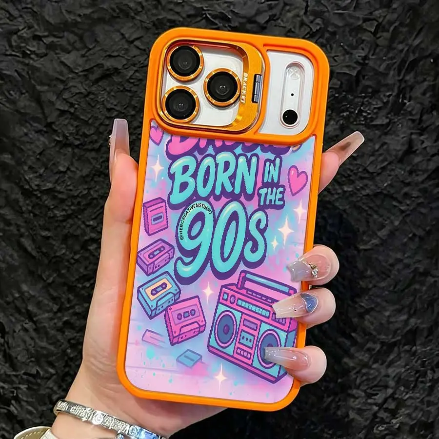 Transparent Magnetic Shockproof TPU Cellphone Casing for iPhone 17 Pro Max/16/16 Plus/15/14/13/12 - Orange Lens Frame, Kickstand, Retro Cartoon Shell with "BORN IN THE 90S" Cassette & Radio Print, Protection Accessories, Ideal Daily Gift