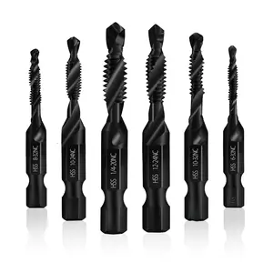 Combination Drill & Taps Bit Set(6 Packs), Screw Tapping in SAE Size 6-32NC 8-32NC 10-32NC 10-24NC 12-24NC 1/4-20NC with Surface Nitriding , 1/4" Hex Shank and Storage Case.