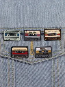 Vintage Tape Theme Enamel Badges Set, Retro Music Type Film Related Colorful Text Pins, Collectible for Vintage Culture Fans, Fashion Accessory