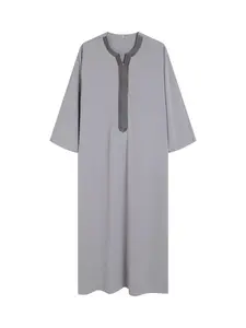 Men's Regular Fit Contrast Embroidering Notched Neck Kaftan, Chic Long Sleeve Arabic Thobe Robe for Daily Wear, Mens Muslim Islamic Clothes, essential piece, everyday wear, must have item, trendy style