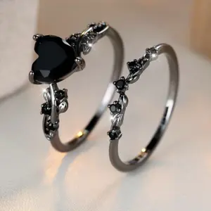 2pcs Gothic Black Wedding Band Promise Engagement Ring Goth Blue/Green/Black Zirconia Rings For Women  Daily Jewelry Gifts