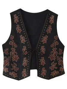 Women's V Neck Sleeveless Bow Tie Beaded Embroidery Velvet Short Vest, Casual Aesthetic Fashion Top for Spring & Fall, Ladies' Clothing
