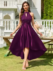 MIUSOL 24515A Halter Neck Sequin Floral Lace Contrast Satin High-Low Hem Evening Party Long Dress, Formal Evening Gown, Prom Dress, For Wedding Guest, Graduation, Dinner Elegant Summer
