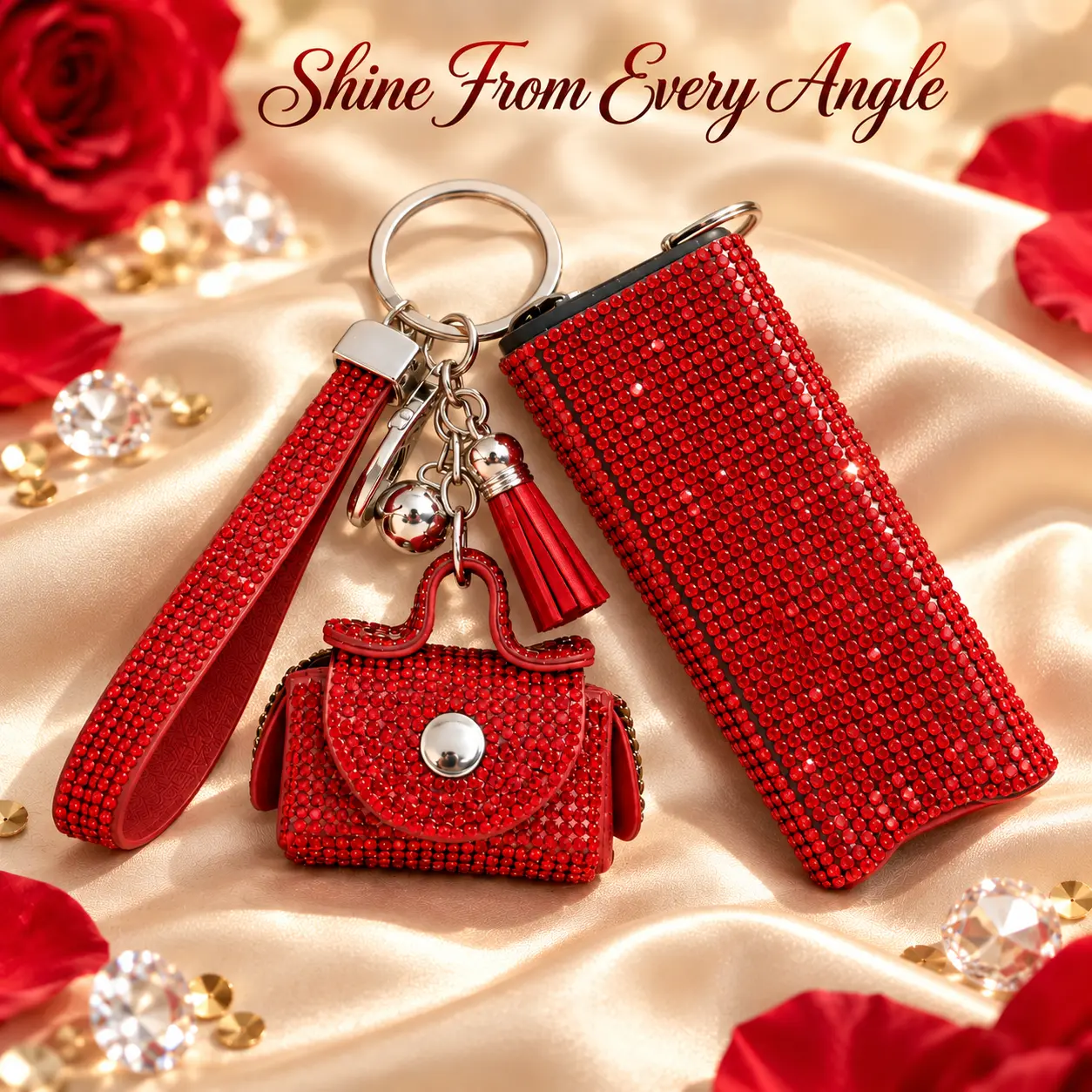Women's Sparkly Bling Key Accessory Set - Cute Rhinestone Key Holder with Wrist Strap, Mini Pouch, Flashlight, Keychains for Women