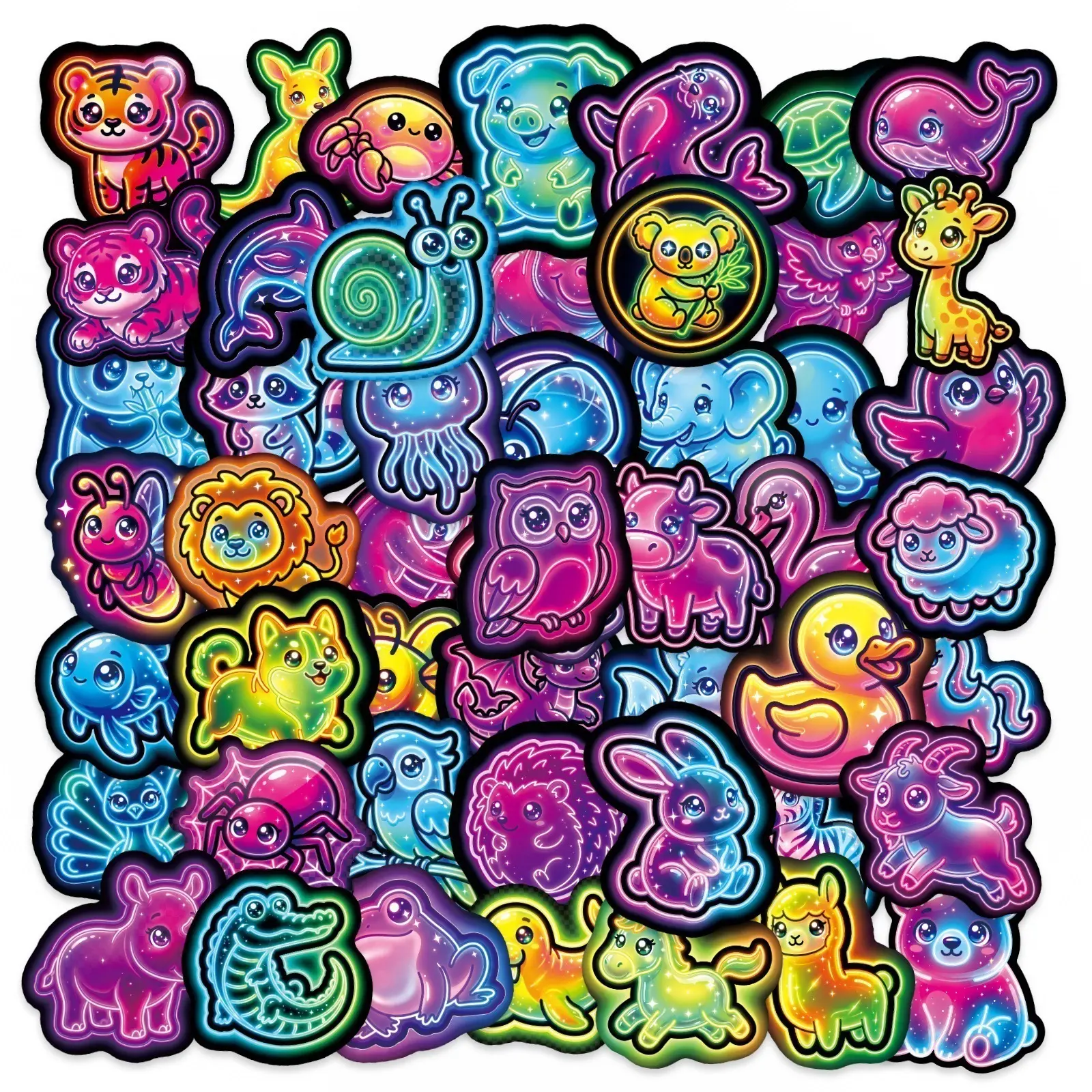 50 Neon Cute Animal Graffiti Stickers, Sticker Packs, Includes Sticker, Decal Set, Graphic Decal, Decorative Series for Scrapbooks, Journals, Laptops, Water Bottles, Cars, Positive Message Gifts