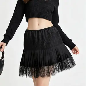 Women Y2k Lace Mini Skirt Low Rise Pleated Ruffle Half Slip Skirt Layered Flowy Short Skirt Streetwear Fabric Womenswear Asymmetrical Bottom Casual Comfy Sheer Elastic Tiered Minimalist Trendsetters for