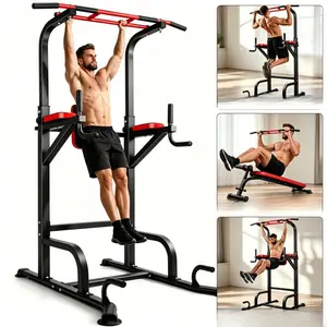 Multifunctional home strength training equipment, with pull-up bar station (with backrest), height adjustable, multifunctional home pull-up machine, indoor single bar and double bar training rack, multi-position strength tower gym sets