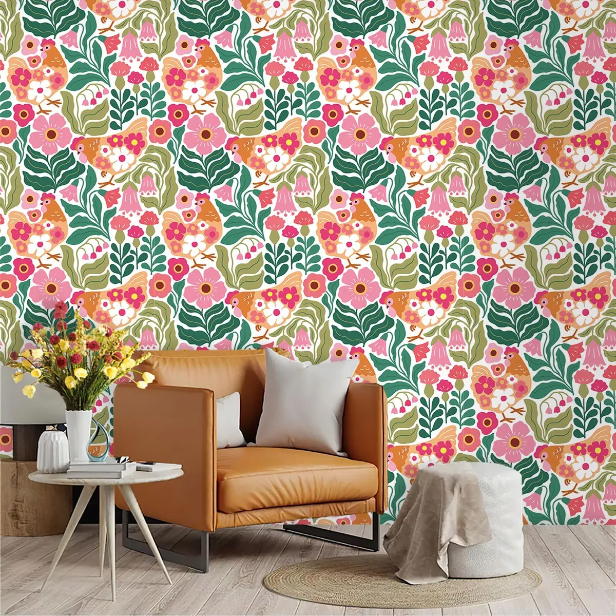 Rustic Floral Chicken Wallpaper, PVC Adhesive Backing, Easy Peel & Stick, Ideal for Kitchen/living Room/bedroom, Large Area Wall Decor