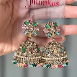 Lightweight Polki Jhumka Earrings with Multicolor Gems and Pearl Accents for Festive Wear
