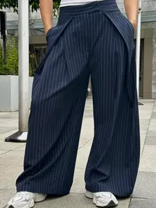 Striped Wide Leg Pants Women's Pants Autumn Spring 2026 Pleated Baggy High Waisted Pants For Woman Versatile Streetwear & Office Commutes Trousers