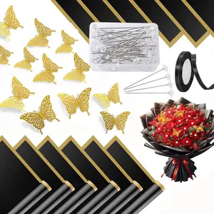 Flower Bouquet Wrapping Kit, Bouquet Wrappers, 145pcs/set Including 100pcs Crystal Rhinestone Decorative Head Pins & 20pcs Gold Edge Roll Paper & 24pcs 3D Butterfly Shape Paper & 1 Roll Ribbon, Wedding & Birthday Party Decoration Supplies