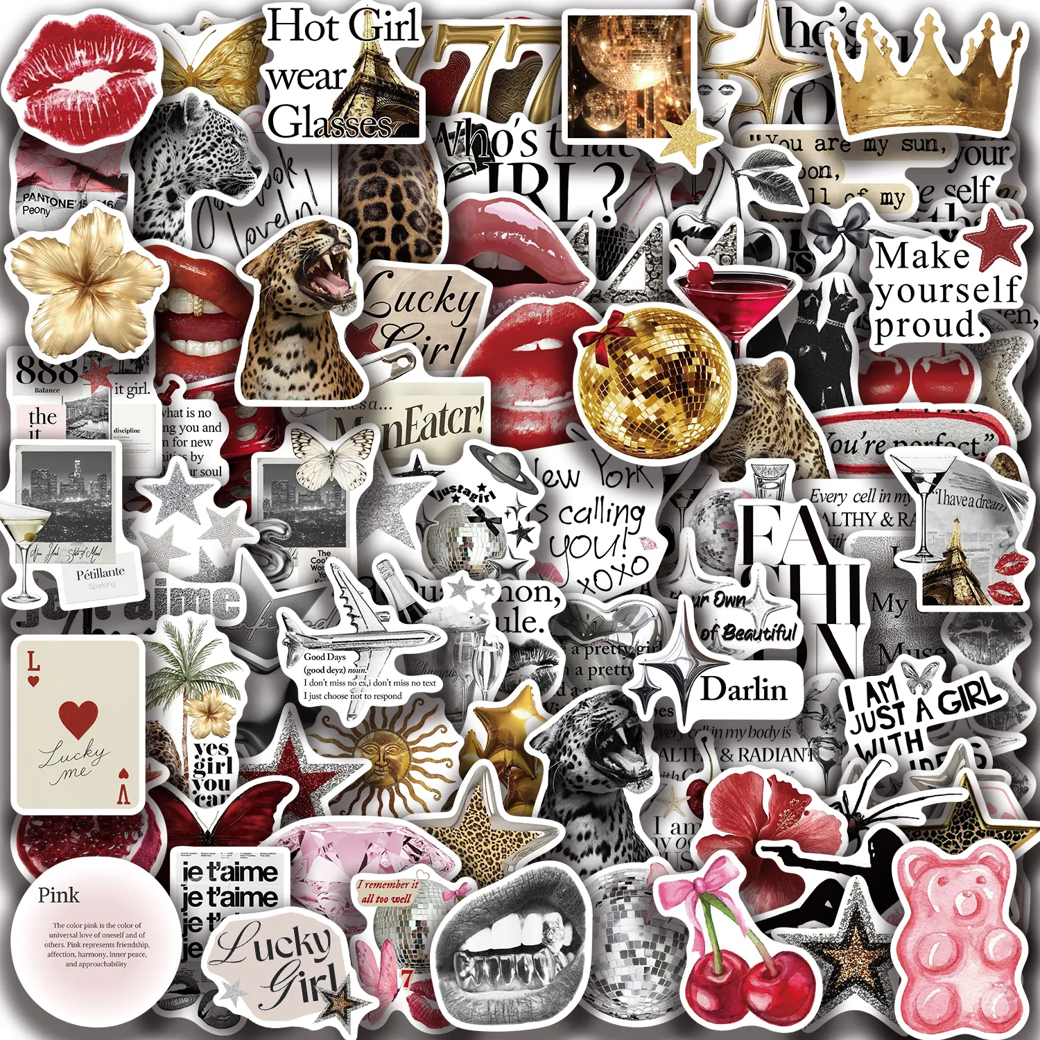 10/50/100PCS Golden Silver Lucky Girl Retro Aesthetic Stickers Phone Guitar Laptop Notebook Suitcase Waterproof Sticker Decals