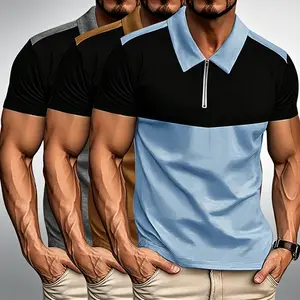 Summer atmosphere: Men's contrasting color patchwork polo shirt, skin friendly and breathable, slim fit, zipper lapel, summer business casual fashionable versatile polo shirt T-shirt