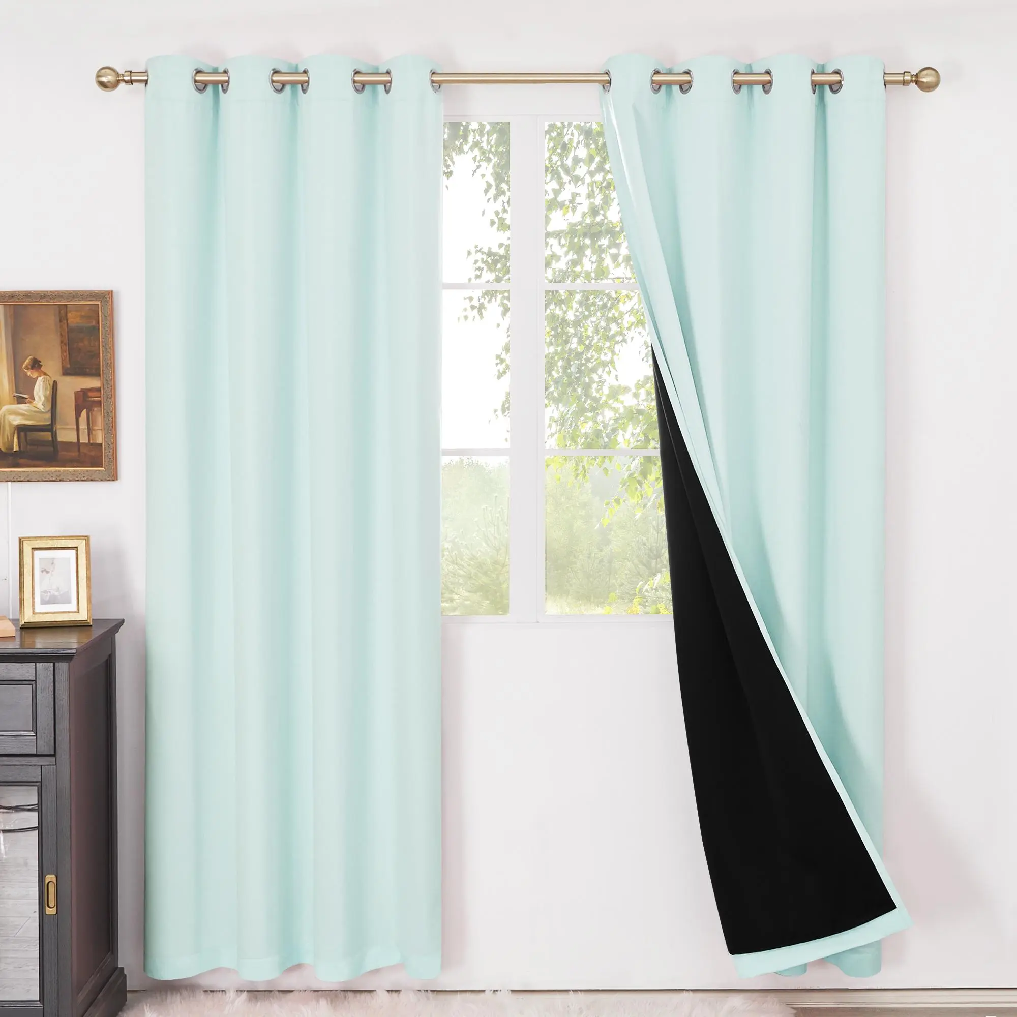 Deconovo 100% Blackout Satin Curtain Panels - Solid Modern Blackout Cloth with Silver Grommets for Easy Slide Installation, Window Treatments for Home Bedrooms & Study Areas