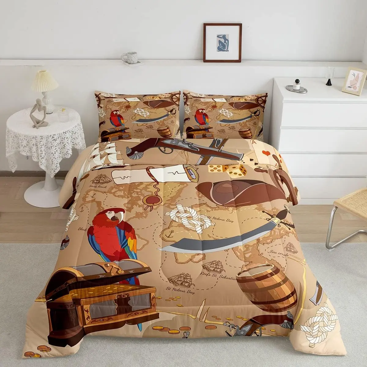 Feelyou Ocean Nautical Designer Comforter Set - Marine Sailboat Pirate Luxury Bedroom Bedding Set with Sea Adventure Decorative Quilt, Decorative Bedding Set