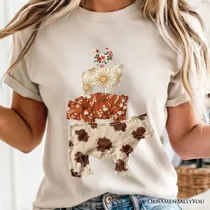 Western Farm Animals Printed Faux Patchwork T-Shirt, Country Cow Pig Sheep Hen Tee