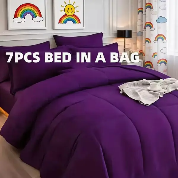 Cosybay Luxury Queen Comforter Set, Bed in a Bag with Comforter, Flat Sheet, Fitted Sheet & 4 Pillowcases, Soft Breathable Satin-Like Bedding for Home, Hotel & School