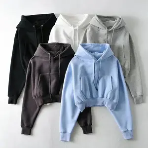 Women Cropped Hoodies Sweatshirts Blank Girls Solid Casual Loose Crop Top Hooded Sweatshirts