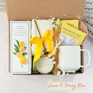 Lemon & Honey Box Mother's Day Gift Set with Tea, Handmade Flowers, White Ribbed Mug, and Scented Candles - Affordable Gift for Mom, Birthday, and More