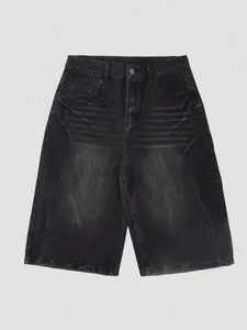 Y2K Vintage Washed Cat Whisker Wide Leg Bermuda Denim Shorts, Distressed Jorts for Women, Back To School Music Festival Capri Pants, Baggy 3/4 Length Jeans Shorts with Fray Hem, Black Blue Retro Blue Light Blue Blue-White, All Seasons Streetwear Shorts