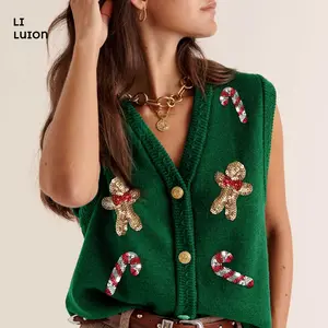 Women Sequin Holiday Christmas Sweater Vest Vintage Embroidered Beaded Button Front Crochet Tank Y2K Novelty Knit Vest Tops