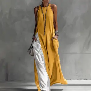 Women's Off-Shoulder Sleeveless Loose-Fit Polyester Dress with Pockets, Casual Wear