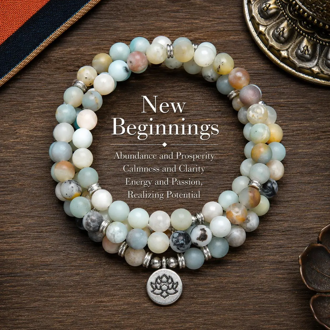 8mm Amazonite 108 Mala  Long Beaded Wrap Crystal  Bracelets Genuine Gemstone Mala Prayer Beads Lotus Buddha Charm Yoga Beads Necklace Meditation Ideal Gift Jewelry for Men and Women, Elegant with Lotus Pendant, Ramadan.Long Chain,Sweater chain