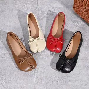 Women's Retro French Style Split-Toe Slip-On Flats - Delicate Bow Decor Walking Shoes, Ballerina Flats, Round-Toe Designs, Ballerina Flats Slip-Ons, Round-Toe Slip-Ons
