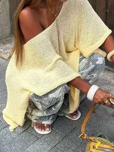 Women's Casual Loose-Fitting Basic Plain Knitwear Sweater, Comfortable Daily Wear, Perfect for Vacation, Stylish Fashion Design