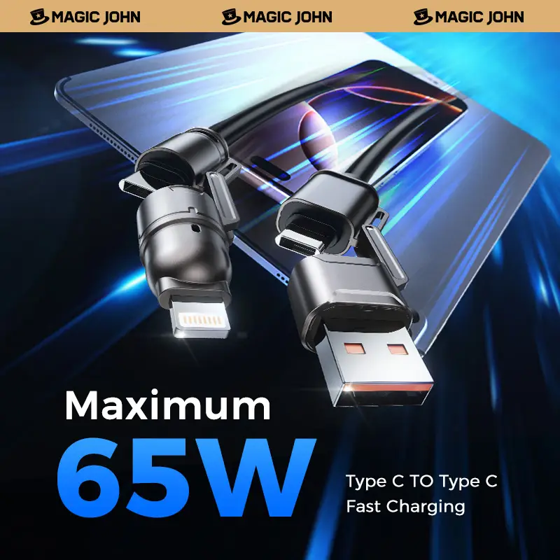NEW - MAGIC JOHN USB Type C Charging Cable, 4 in 1 Function, 65W Fast Charging, Liquid Silicone and Aluminum Alloy Material, Braided Data Cable, Black