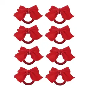 8 Red Bow Napkin Holder Rings, Velvet Bow Xmas Napkin Holder Buckle Table Decoration for Christmas Holiday Party Dinner