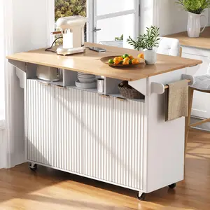 55.5" Kitchen Island with Double Drop Leaf & Power Outlet, Rolling Kitchen Island Cart with Fluted Cabinet, 4 Doors, Spice Rack & Locking Wheels, White