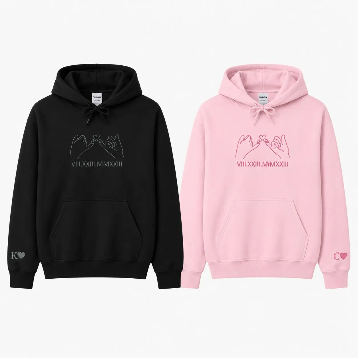 Custom Pinky Promise Embroidered Hoodies for Couple – Matching Couple Hoodie With Roman Numeral Date, Valentine Day Anniversary Gift