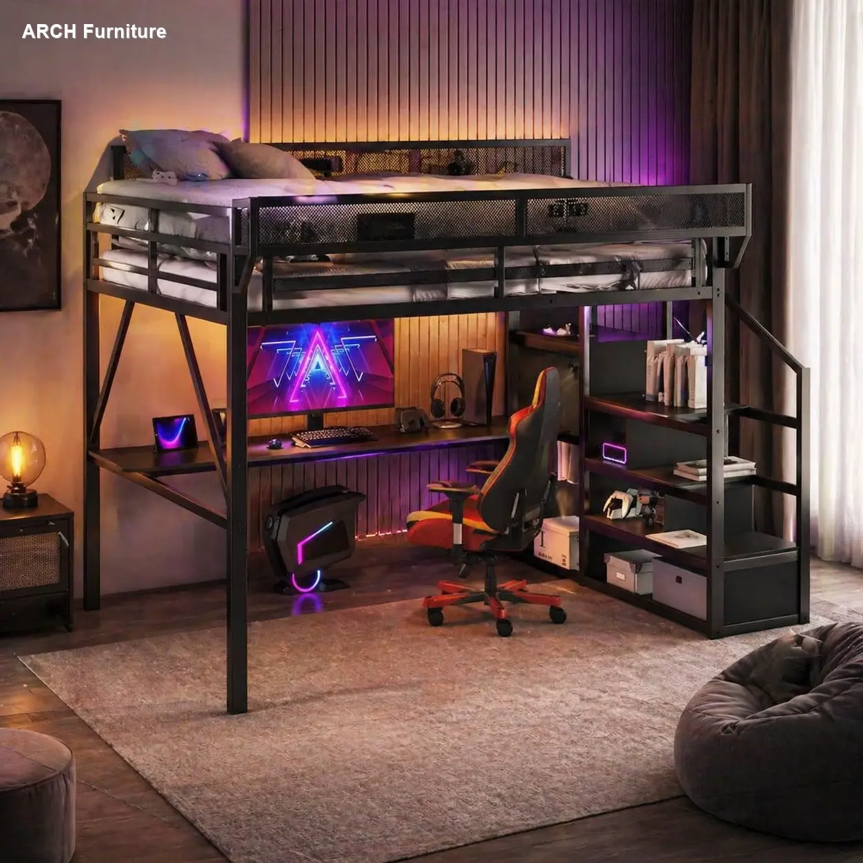 Black ARCH Queen Size Metal Loft Bed Frame with Desk, USB Port Charging Station, Stairs, LED Light, Color-Changing Storage Shelves-Compartment, Space-Saving Elevated Bed for Teens, 99.4"x62"x73.4", 178.64 lbs (Expected Arrival Date 2026/3/25)