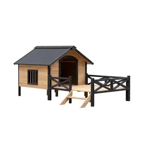 66" Large Wooden Dog House, Raised Cabin with Porch