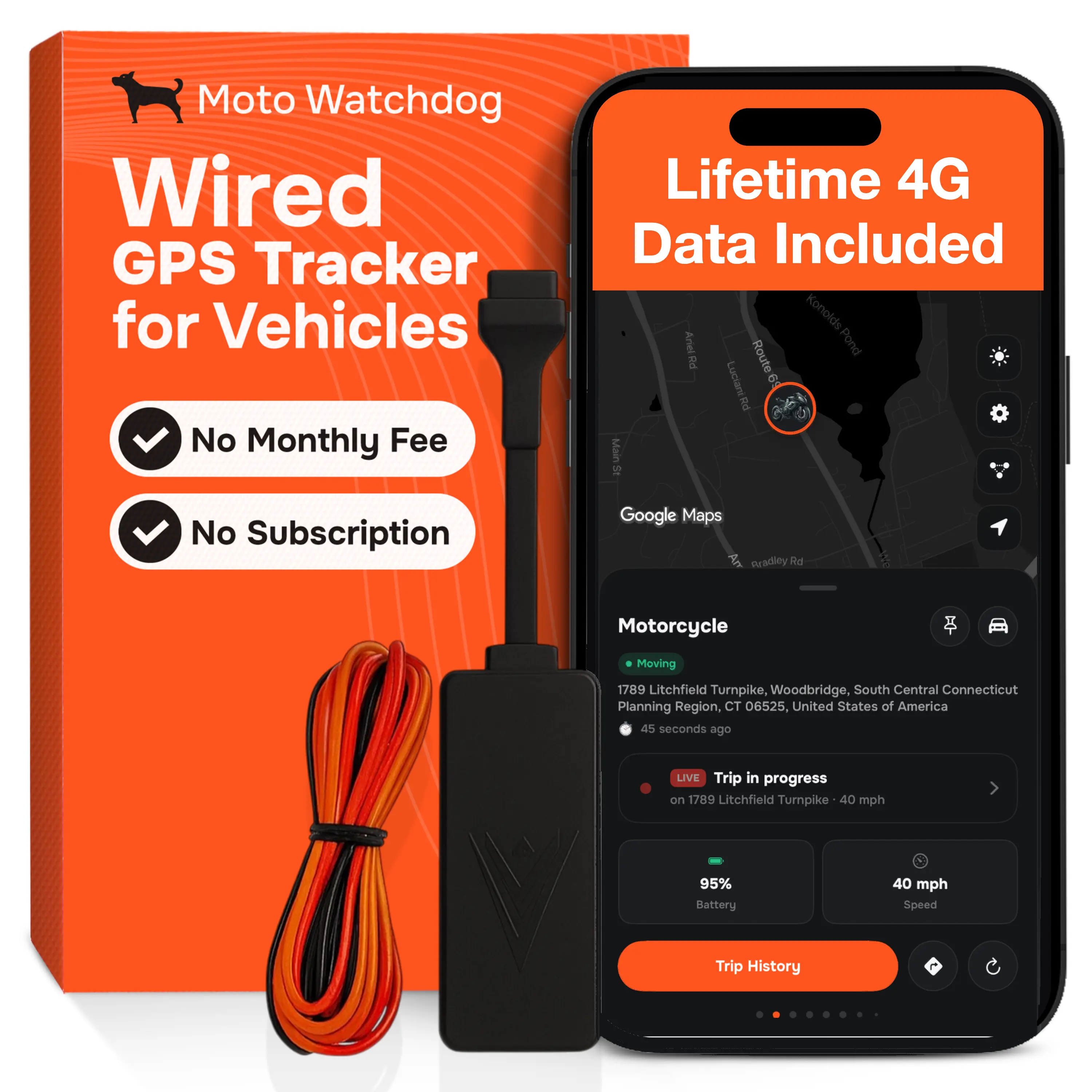 Hardwired GPS Tracker for Vehicles - No Subscription, Hidden Install, 4G LTE | Moto Watchdog HW-200