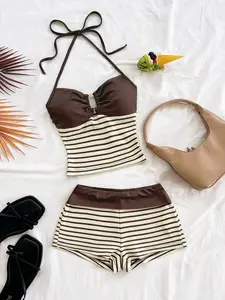 Women's Summer New Arrival High-Waisted Pleated Skirt Set, European Style Slimming Backless Striped Vest with Metal Decorative Buckle