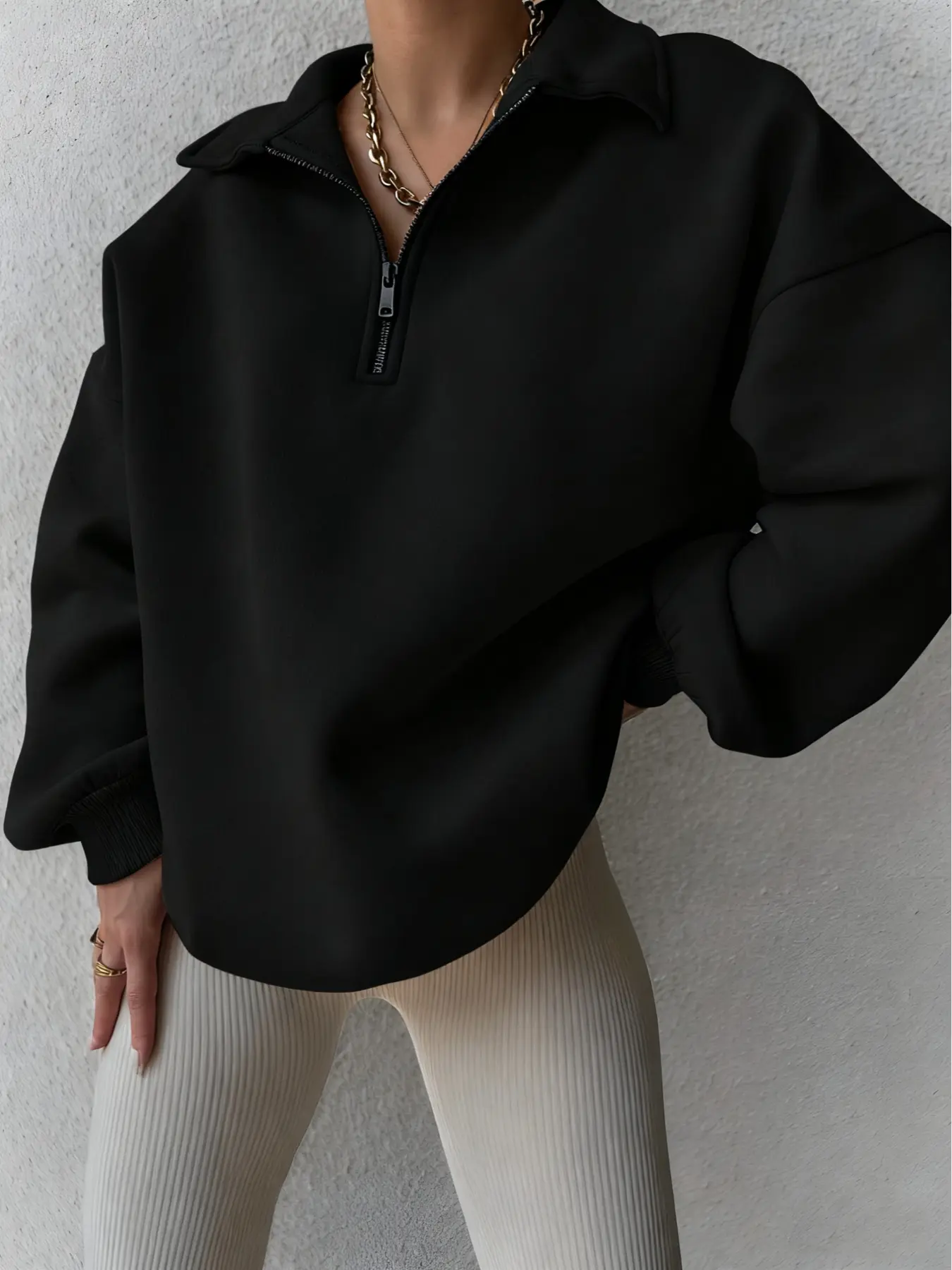 Oversize Polo Neck Half-Zip Basic Sweatshirt, Soft Comfortable Fabric, Loose Fit Y2K Style, Perfect for Fall & Winter, Casual Chic