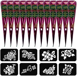12 Pack Natural Mehendi Cone Henna Paste Temporary Tattoo Paste with 8pcs Tattoo Stencils| Each cone 25 grams | Indian Body Art Painting Drawing Tattoos Freckles (Reddish Brown Color-CS)