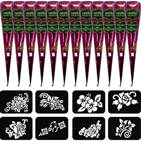 (Pack of 12) 25g Fresh Natural Dark Brown Henna Cones with 8 Stencils | Mehendi Temporary Tattoo Kit |  Body Art | PPD & Ammonia Free