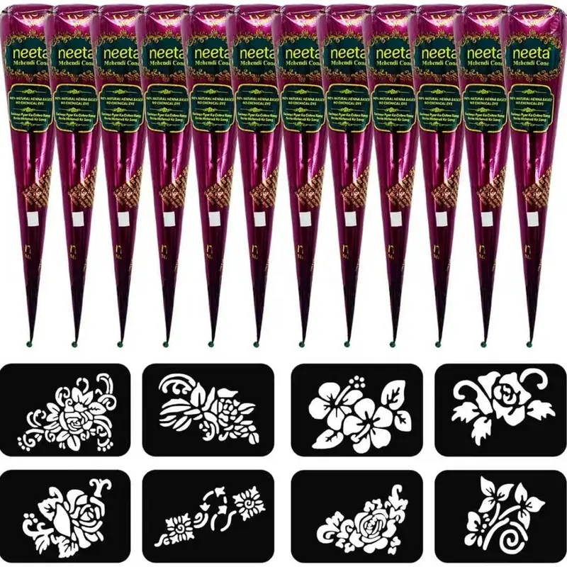 (Pack of 12) 25g Fresh Natural Dark Brown Henna Cones with 8 Stencils | Mehendi Temporary Tattoo Kit | Body Art | PPD & Ammonia Free