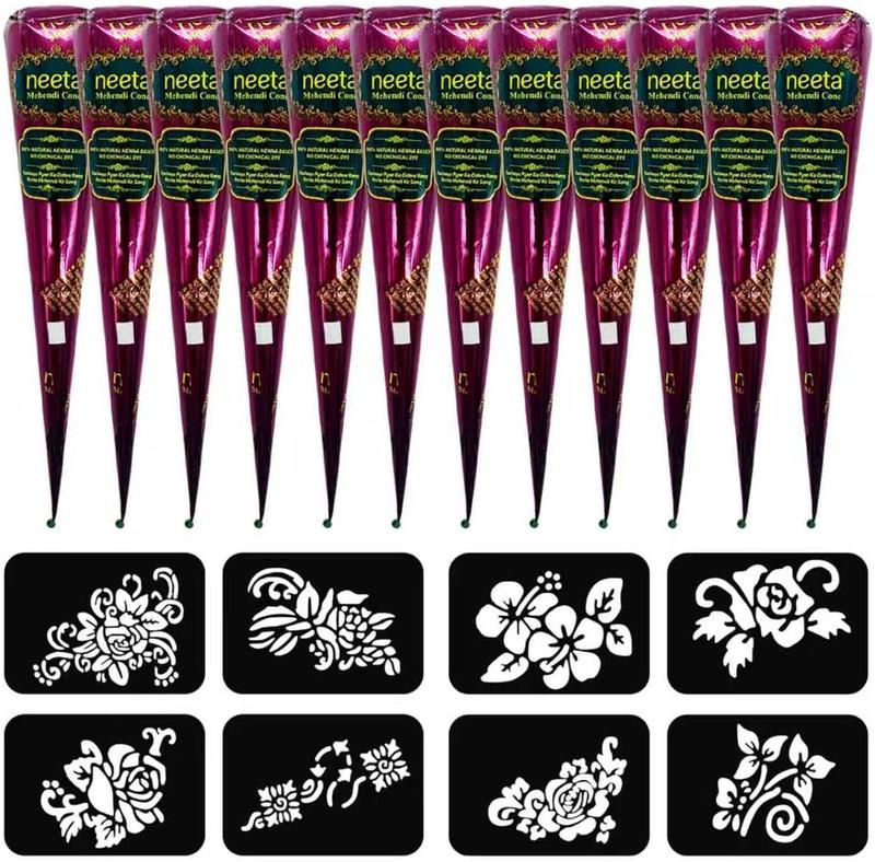 12 Pack Natural Mehendi Cone Henna Paste Temporary Tattoo Paste with 8pcs Tattoo Stencils| Each cone 25 grams | Indian Body Art Painting Drawing Tattoos Freckles (Reddish Brown Color-CS)