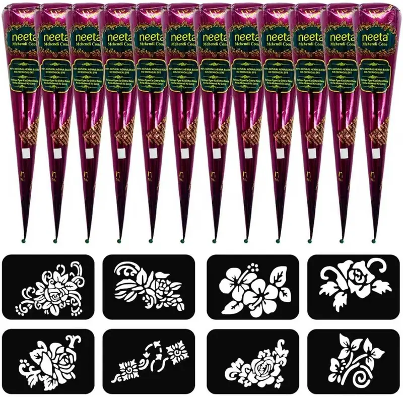 12 Pack Natural Mehendi Cone Henna Paste Temporary Tattoo Paste with 8pcs Tattoo Stencils| Each cone 25 grams | Indian Body Art Painting Drawing Tattoos Freckles (Reddish Brown Color-CS)