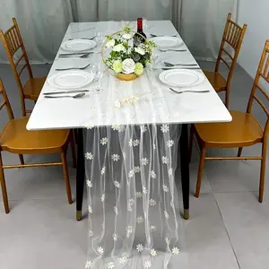 1pc Embroidered White Daisy Table Runner - Natural Style + Multiple Sizes Available + Washable, for Round/Long/Square Table, Dining Room/Living Room/Outdoor/Picnic/Camping/Backyard/Festival, Can be Used as Tablecloth/Curtain/Drape/Veil/Table Skirt