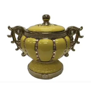 Sopera Yellow Ceramic Urn with Gold Accents and Elegant Handles for Decorative Display